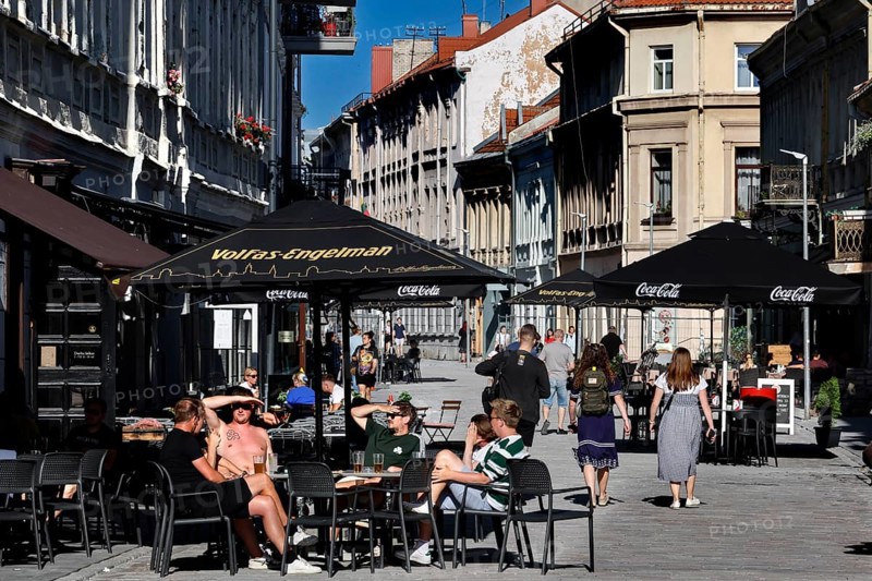 Vilnius Gatve in Kaunas with people relaxing in street cafes, Kaunas, null, Lithuania