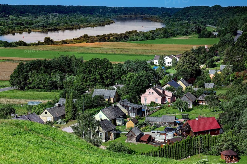 Panoramic view of Seredzius and the Memel River from Palemonas Castle Hill, Seredzius, Lithuania