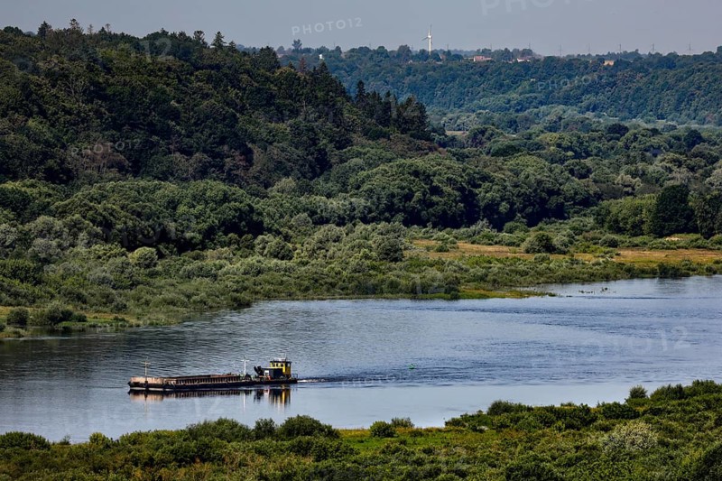 View of the Memel River from the Raudonn Castle tower, a boat passes by, Raudonn, Lithuania