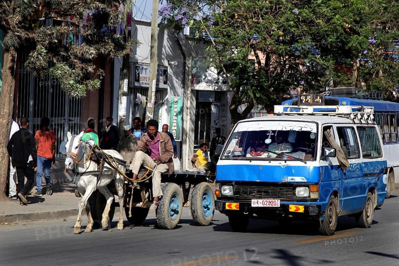 Street scene with cars and a horse-drawn cart, Mekele, Ethiopia