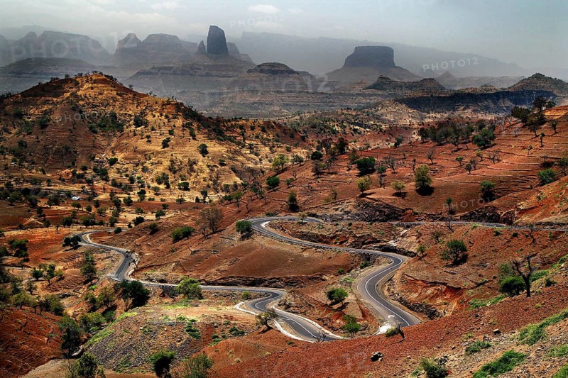 Breathtaking scenery of the Semien Mountains with winding roads and mountains, Semien Mountains, Ethiopia