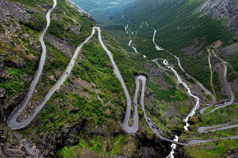 Trollstigen Serpentine Road snakes dramatically through rugged mountain scenery in Geiragervegen