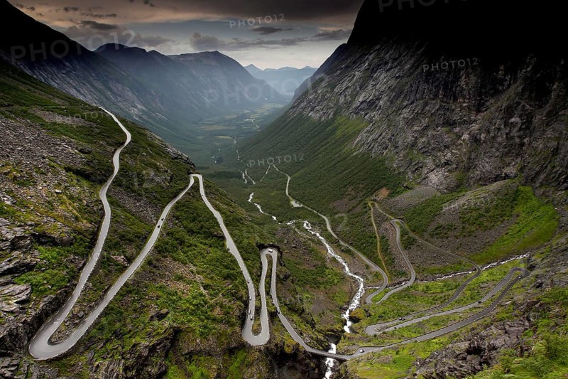 Dramatic serpentine road Trollstigen, snaking through picturesque mountain scenery, Trollstigen, Møre og Romsdal, Norway