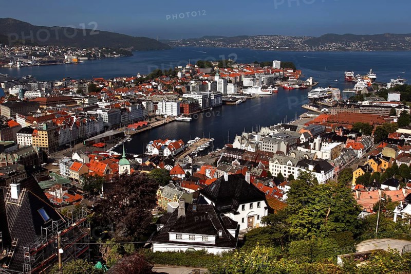 Panoramic view of Bergen from Fløyen on a sunny day, Bergen, Vestland, Norway