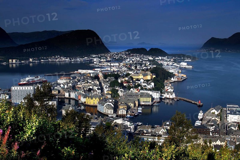 View of Ålesund from Kniven viewpoint at night, Ålesund, Møre og Romsdal, Norway