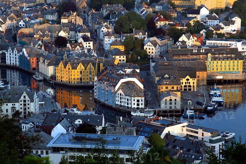 View of Ålesund Art Nouveau Center from a viewpoint, Ålesund, Norway