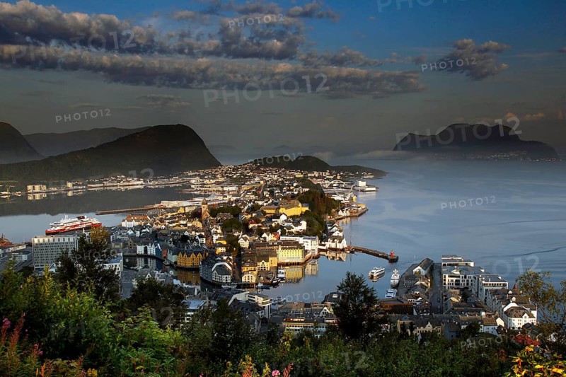 View of Ålesund from Kniven viewpoint at dusk, Ålesund, Norway