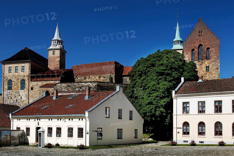 Impressive medieval fortress with towers and historic buildings, Oslo, Norway