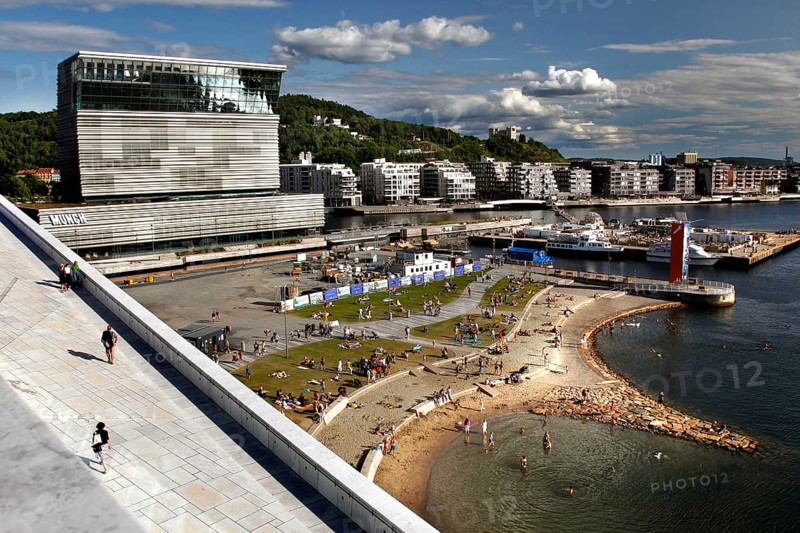 View of the Munch Museum and the surrounding beach area from the opera, Oslo, Bjøvika, Norway