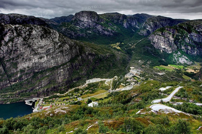 View from the panoramic restaurant Øygardstølen over the picturesque valley and surrounding countryside, Lysebotn, Lysefjord, Rogaland, Norway