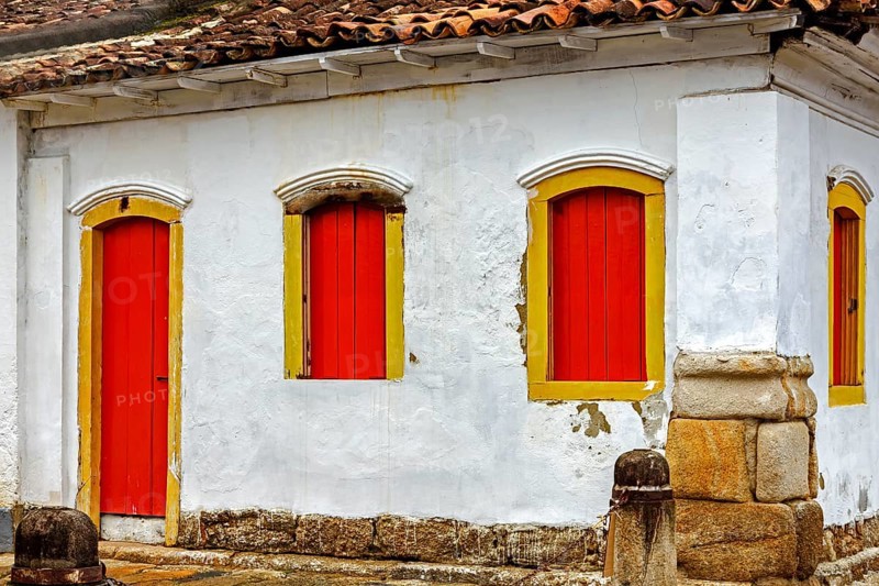 House facade with colorful doors and windows in the historic city of Paraty, Paraty, Rio de Janeiro, Brazil