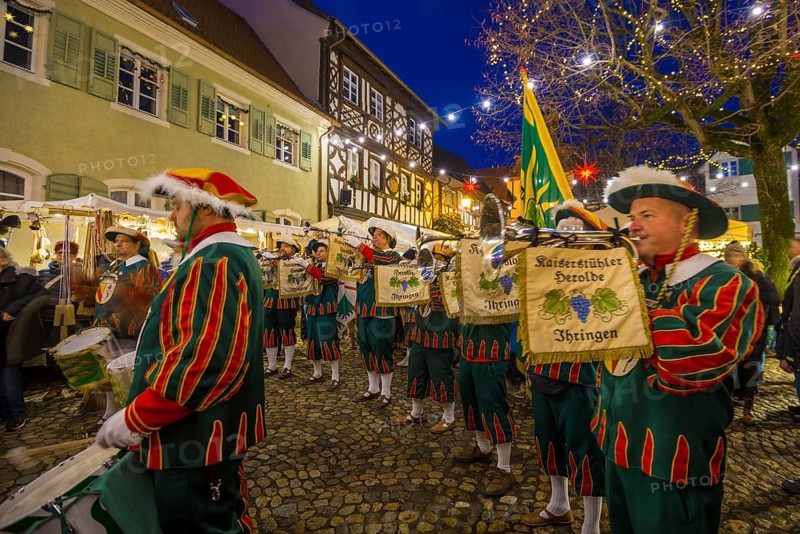 Medieval Christmas market, blue hour, Burkheim, Vogtsburg, Kaiserstuhl, Baden-Württemberg, Germany