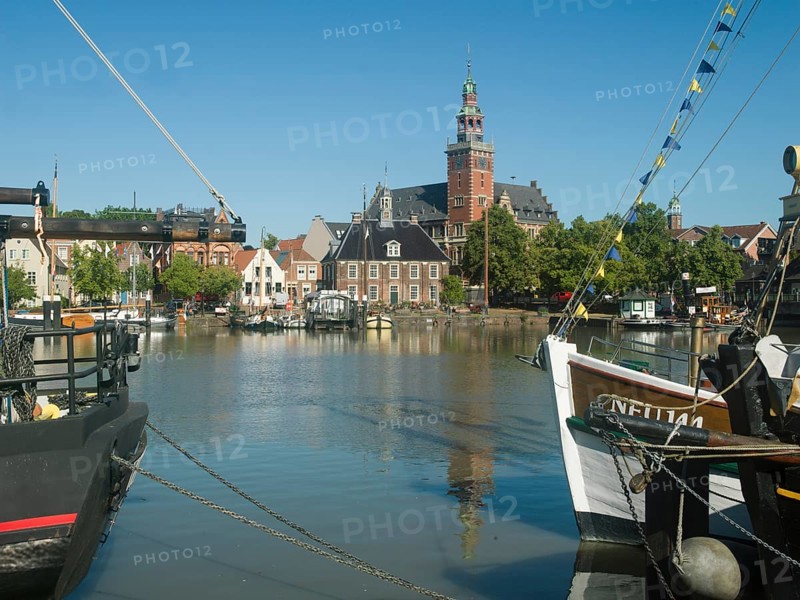 Harbour view, museum harbor, traditional ships, landmark, Alte Waage, town hall, Leer, East Frisia, Germany