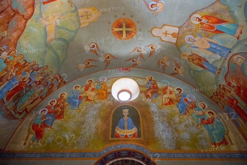 Symbolic frescoes in a church depicting saints and biblical scenes around the entrance, Kvemo Mleta Lomis dome church, Kvemo Mleta, Mtskheta-Mtianeti region, Georgian Military Route, High Caucasus, Georgia