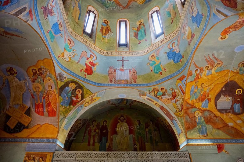 Interior of a church painted with colorful frescoes and biblical scenes in the dome, domed church by Kvemo Mleta Lomis, Kvemo Mleta, Mtskheta-Mtianeti region, Georgian Military Route, High Caucasus, Georgia