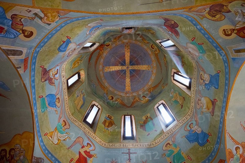 Detailed frescoes in the dome of a church depicting angels and religious figures, domed church by Kvemo Mleta Lomis, Kvemo Mleta, Mtskheta-Mtianeti region, Georgian Military Route, High Caucasus, Georgia
