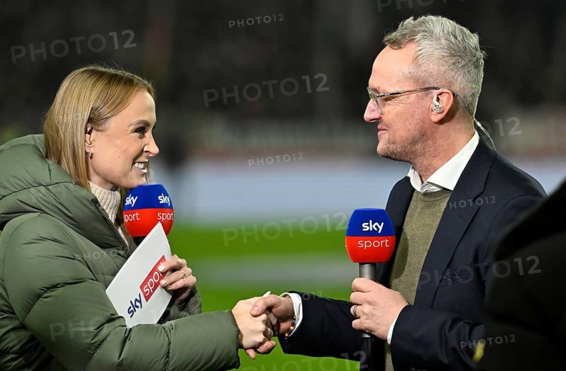 SKY presenter reporter Nele Ocik formerly Schenker interviewed microphone micro logo with CEO Alexander Wehrle VfB Stuttgart shake hands bracelet MHPArena, MHP Arena Stuttgart, Baden-Württemberg, Germany