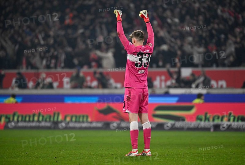Goalkeeper Alexander Nübel VfB Stuttgart (33) Goal celebration Gesture Gesture MHPArena, MHP Arena Stuttgart, Baden-Württemberg, Germany
