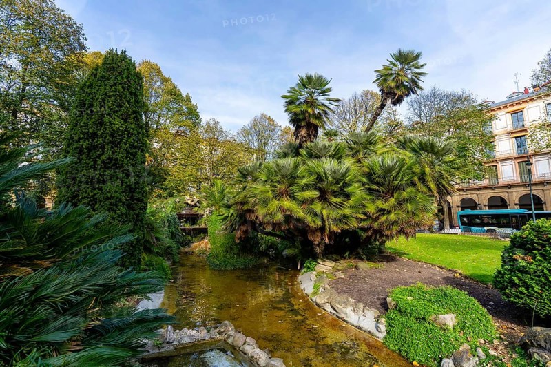 Gipuzkoa square park showcasing lush palm trees and green foliage surrounding a winding pond, with traditional city buildings and a public bus visible in the background under a blue sky