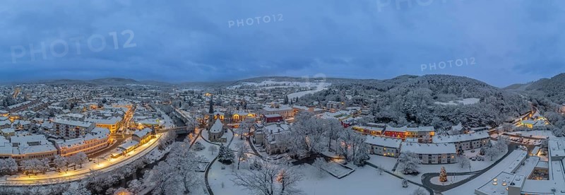 Aerial photos twilight winter Theaterpark Bahnhof and St. Mary's Church, Berndorf, Lower Austria, Austria