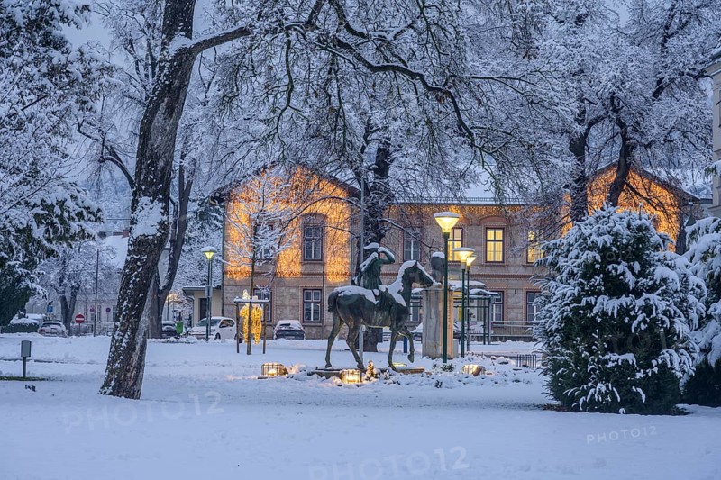 Winter at Theaterpark View of Diana Statue and Municipality, Berndorf, Lower Austria, Austria