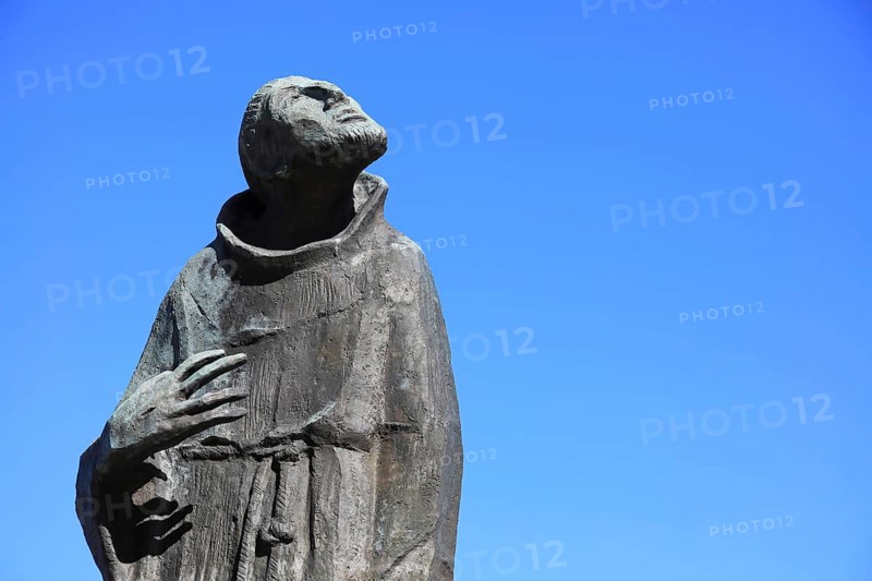 Statue of Francis of Assisi at the pilgrimage church Basilica Vierzehnheiligen near Bad Staffelstein, Lichtenfels district, Gottesgarten region in the Upper Mainland, Upper Franconia, Bavaria, Germany