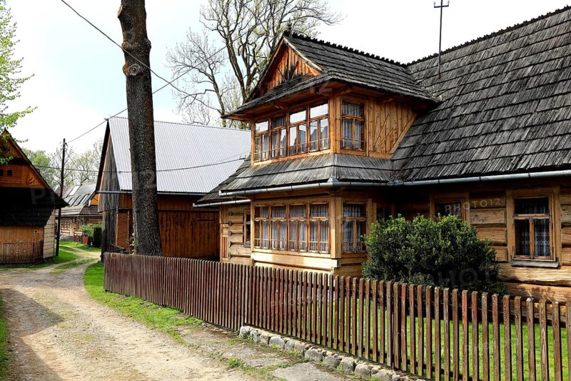 Traditional wooden houses in the village of Chocholow, detail of Podhale-style wooden architecture, listed by UNESCO, near Zakopane, Malopolska Voivodeship, Poland