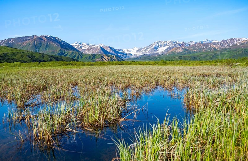 Lake and picturesque mountain landscape with Gulkana glacier and summit Icefall Peak, Richardson Highway, Alaska Range, Alaska, USA