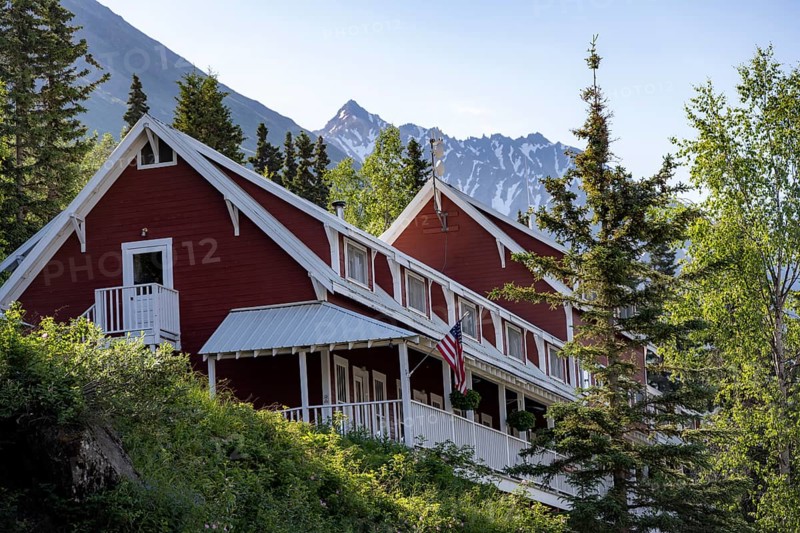 Red Kennicott Buildings in a Mountain Landscape, Historic Kennecott Copper Mine, National Historic Landmark, Wrangell St. Elias National Park, Alaska, USA