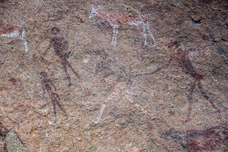 White Lady Rock Painting, White Lady Painting, Depiction of Hunters and Animals, Rock Paintings in Maack's Shelter, Tsisab Gorge, Brandberg, Erongo, Namibia