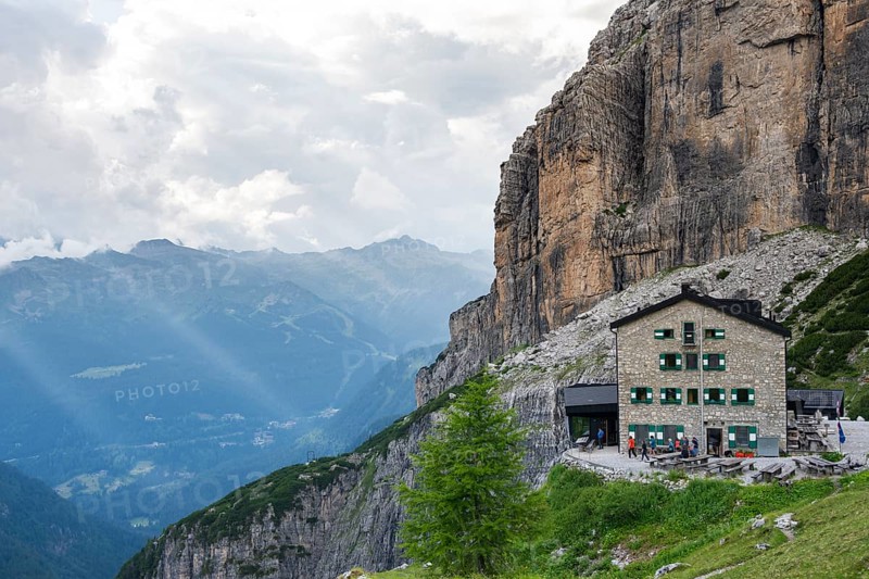 Rifugio Maria E Alberto Ai Brentai mountain hut and rocky peak, Brenta, Trentino, Italy