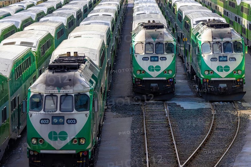 Toronto, Ontario, Canada-June 2, 2025: Toronto Go Train arriving at a platform at Union station terminal