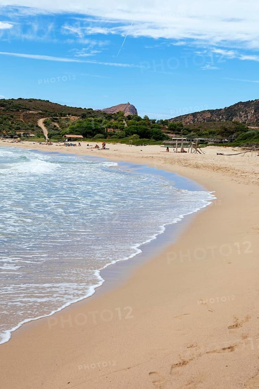 Plage d'Arone sandy beach, Capo Rosso and the Genoese Tower in the back, Piana, Corse-du-Sud department, west coast, Corsica, Mediterranean, France