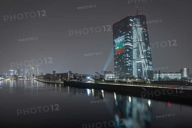The façade of the European Central Bank (ECB) in Frankfurt am Main will be illuminated with a light show to mark the introduction of the euro in Bulgaria on 1 January 2026, Frankfurt am Main, Hesse, Germany