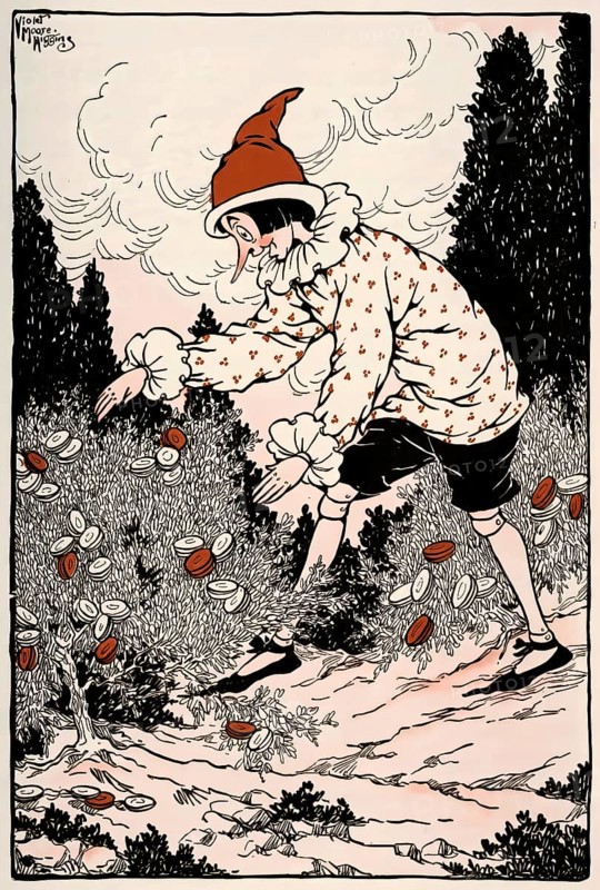 Illustration by Violet Moore Higgins, 1926, fairy tale novel The Adventures of Pinocchio by Carlo Lorenzini, 1826 – 1890, better known by the pen name Carlo Collodi, Italian author, humourist, and journalist