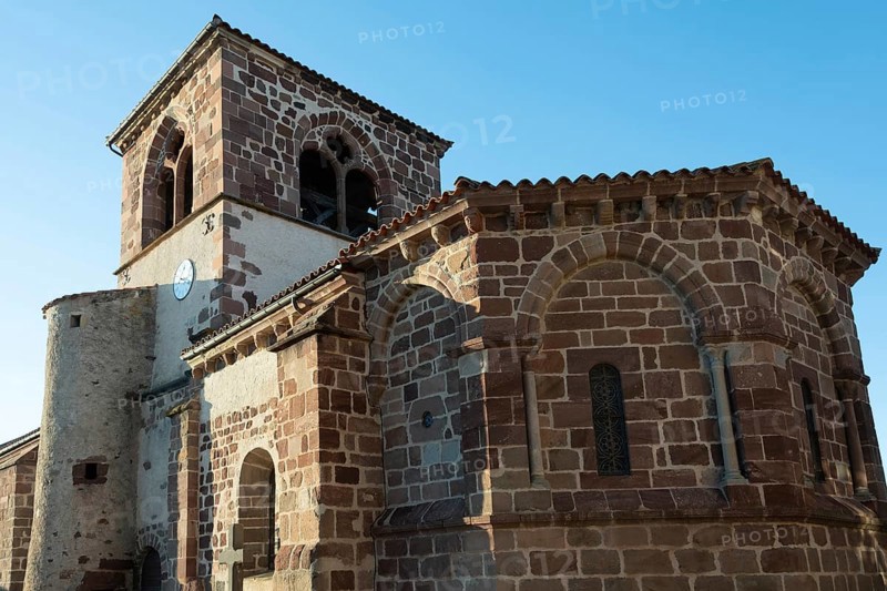 Azerat village. Roman church Saint-Jean-Baptiste . Haute Loire. Auvergne Rhone Alpes. France