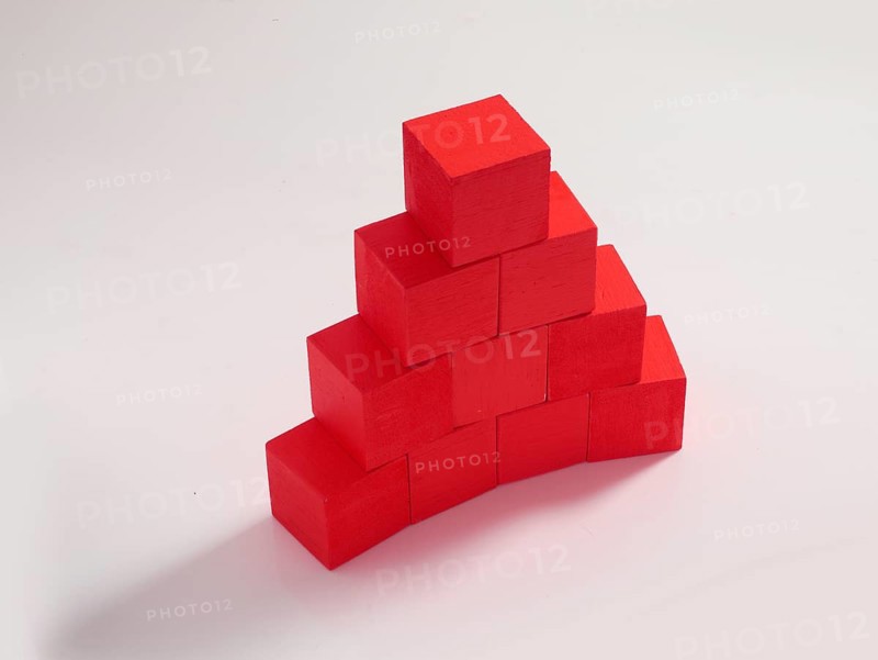 10 red wooden cubes against a white background