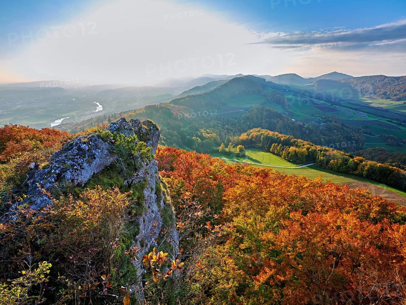 View of an autumnal forest from the Gisliflue, behind the Jura foothills with Wasserfluh and Strihen, Talheim, Canton, Aargau, Switzerland