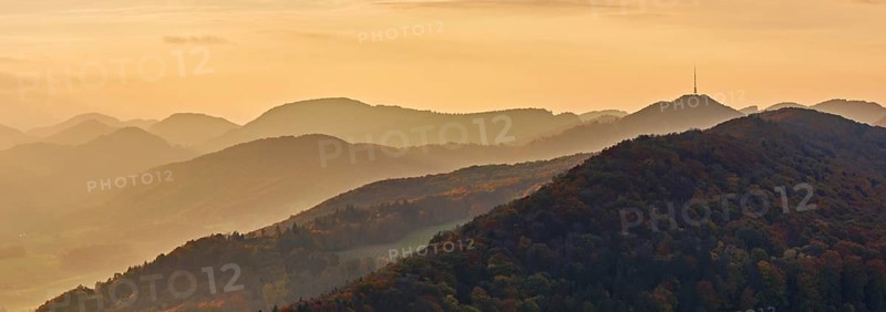 View of an autumnal forest from the Gisliflue, behind the Jurassic foothills with the water fluh in the light of the setting sun, Talheim, Canton, Aargau, Switzerland