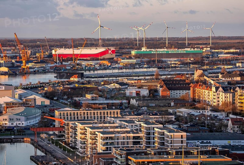 Overview of the overseas port with BLG Auto Terminal in Bremerhaven, Bremen, car transporter Aniara from shipping company Wallenius Wilhemsen, and Niagara Highway from shipping company K-Line, Germany