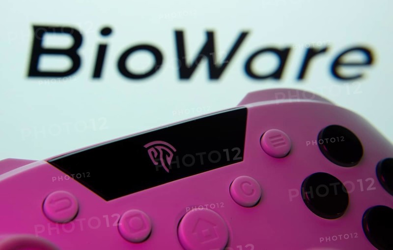 Dhaka, Bangladesh- 24 Mar 2025: A close-up of a gamepad with the BioWare seen on screen in the background
