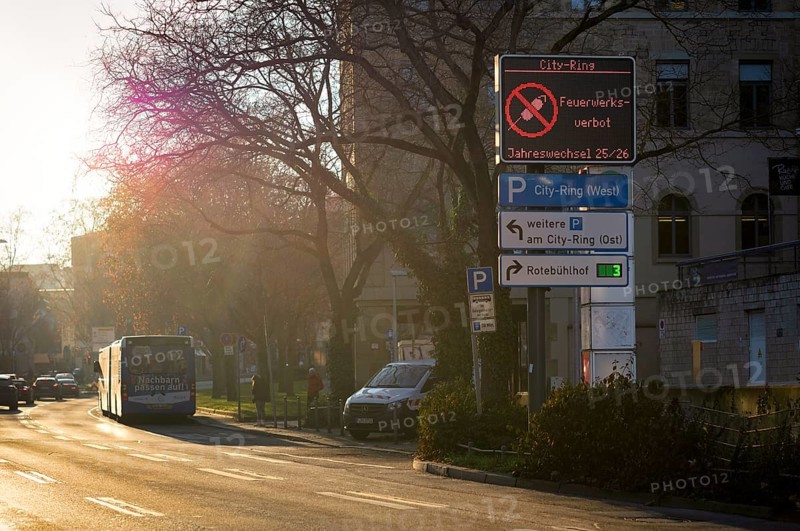 Sign, information sign, fireworks ban, fireworks ban on New Year's Eve in the city center, pedestrian zone, Stuttgart, Baden-Württemberg, Germany