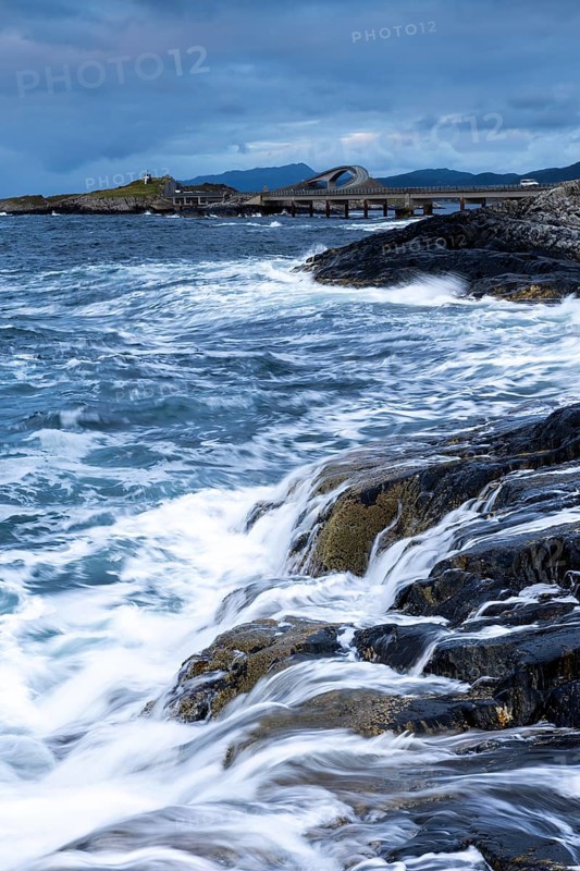 Raging water at Storseisund Bridge, Atlantic Road, Atlanterhavsveien, Karvag, Vevang, West Coast, Norway
