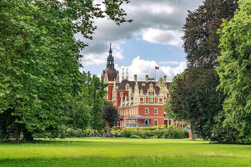 Muskau Castle in the Muskauer Park UNESCO World Heritage Site or Muzakowski Park in Bad Muskau, Upper Lusatia, Saxony, Germany