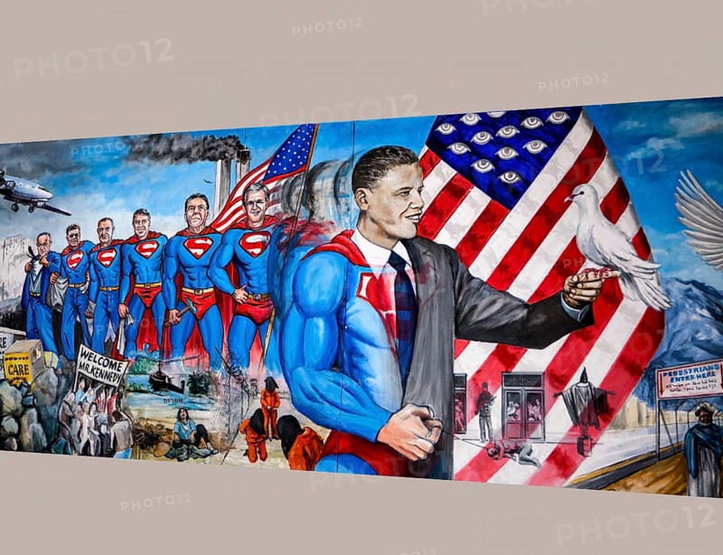 Political painting features several prominent U.S. Presidents dressed in Superman costumes, uses the iconic Superman imagery, a symbol associated with Truth, Justice and the American Way, Barack Obama holds a white dove as a symbol of peace