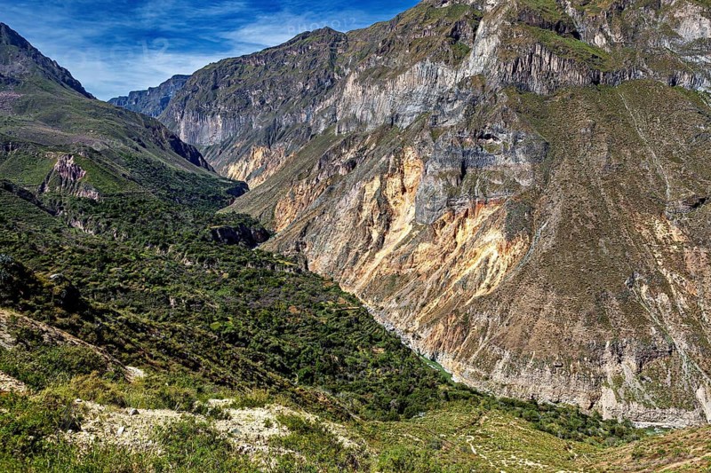 Wide valley surrounded by steep rock cliffs under blue skies, the landscape of the Colca Canyon in the Aden of Peru