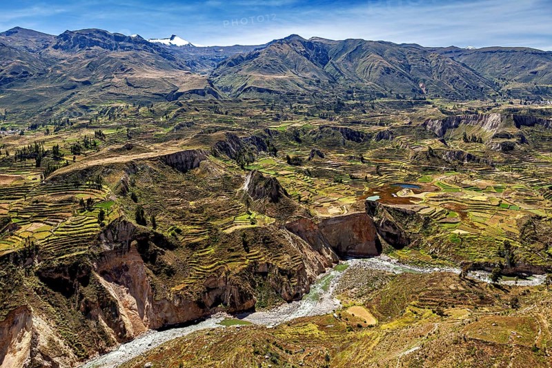 Landscape with terraced fields, river and mountainous surroundings, The landscape of Colca Canyon in the Aden of Peru