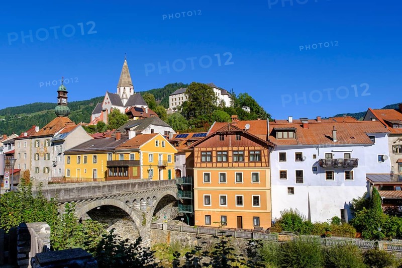 Murau with Obermurau Castle and St. Matthew Church, Mur River, Styria, Austria