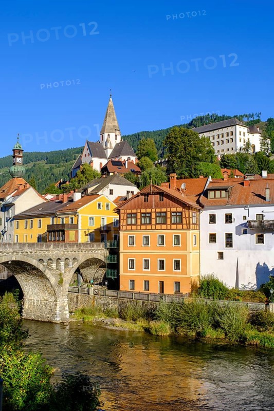 Murau with Obermurau Castle and St. Matthew Church, Mur River, Styria, Austria