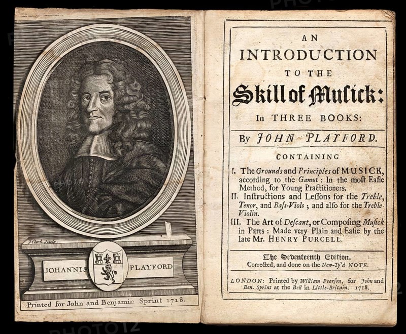 An Introduction to the Skill of Musick, a music theory and instruction book by John Playford, title page and frontispiece portrait, published in 1718, London, England, United Kingdom